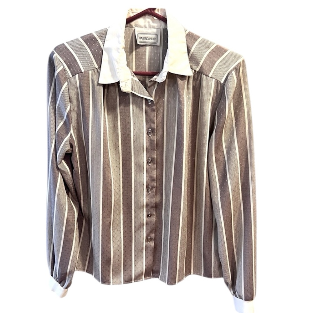 Vintage Taupe/Cream Patterned Haberdasher Blouse/Detachable Cream Bow. Size=M?